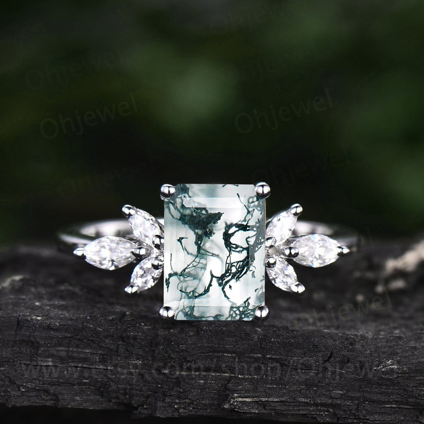 Emerald cut green moss agate ring gold siver vintage unique moss agate engagement ring rose gold art deco moissanite wedding ring for women