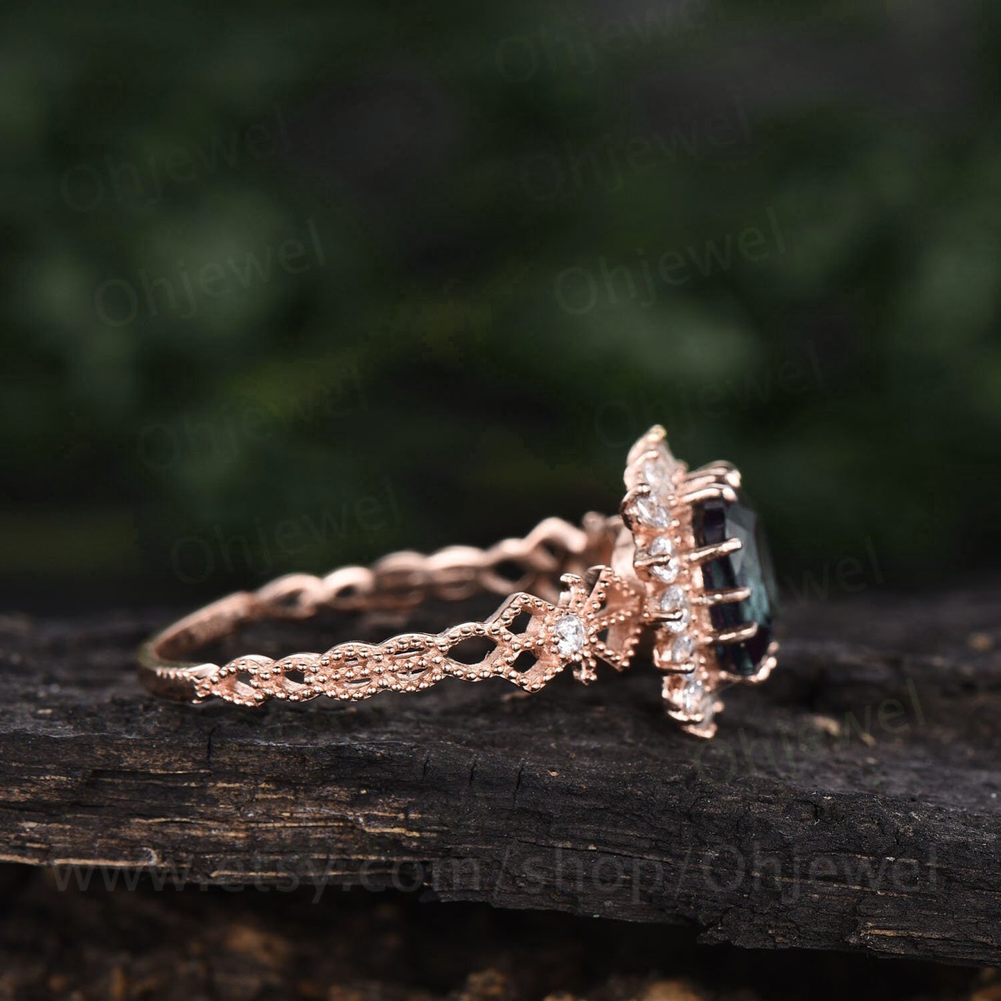 Green moss agate ring for women vintage cushion cut moss agate engagement ring halo cluster milgrain moissanite ring rose gold promise ring