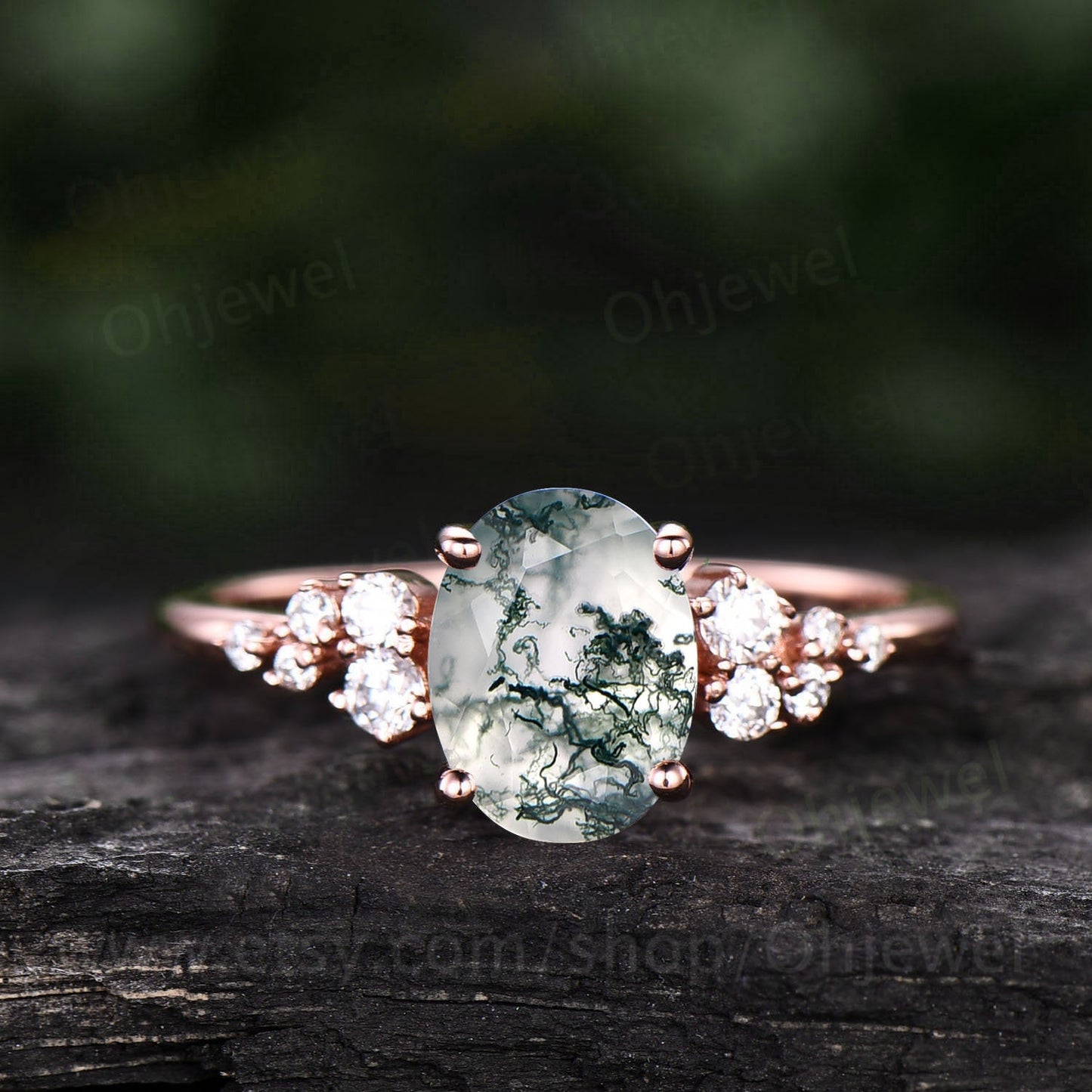 Oval moss agate ring silver dainty vintage moss agate engagement ring cluster moissanite ring rose gold women promise bridal wedding ring