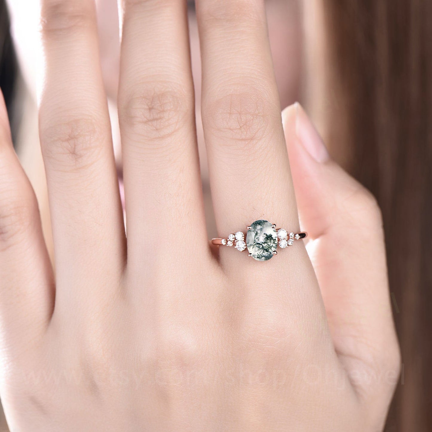 Oval moss agate ring silver dainty vintage moss agate engagement ring cluster moissanite ring rose gold women promise bridal wedding ring