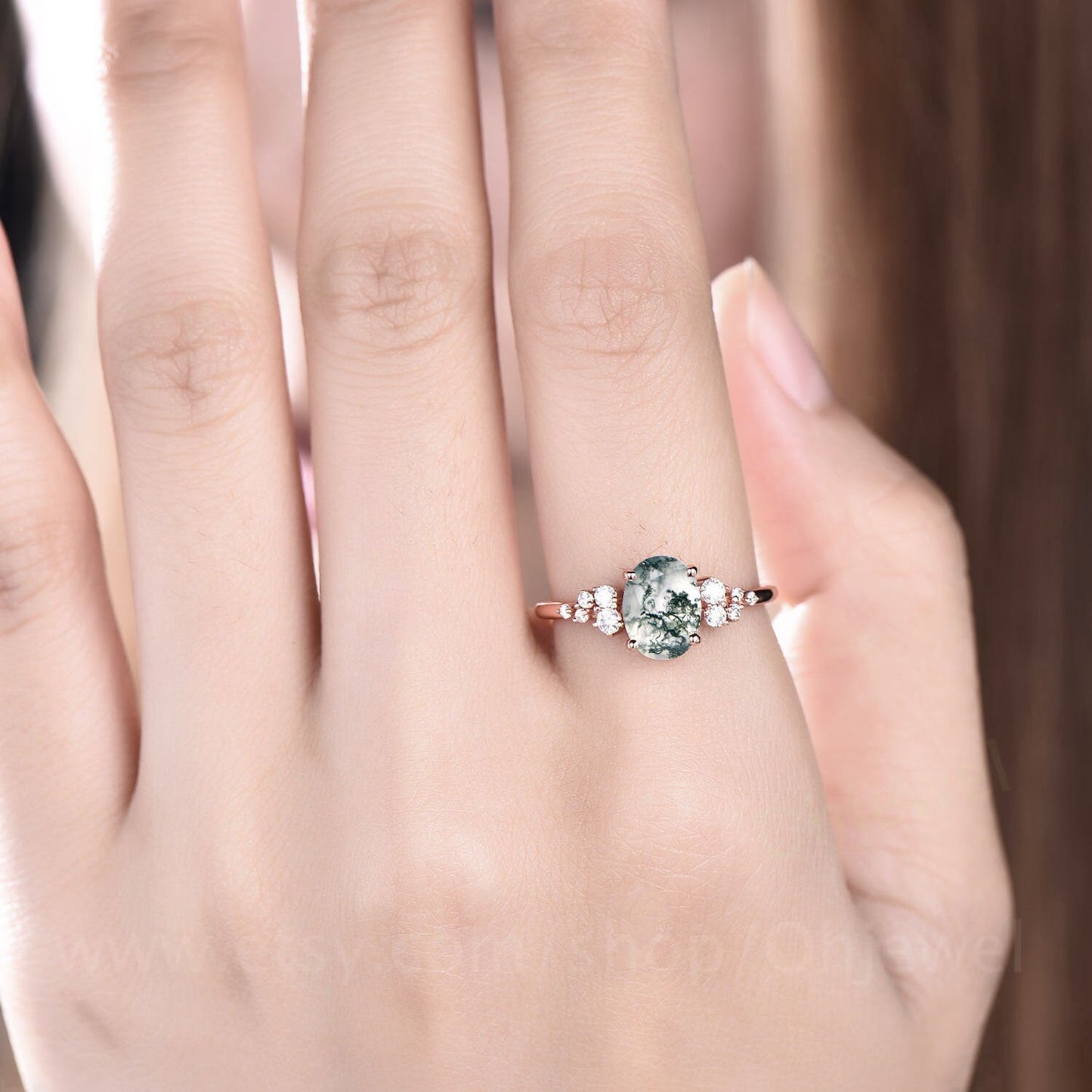 Vintage oval cut green moss agate engagement ring rose gold dainty cluster snowdrift unique engagement ring moissanite wedding ring women