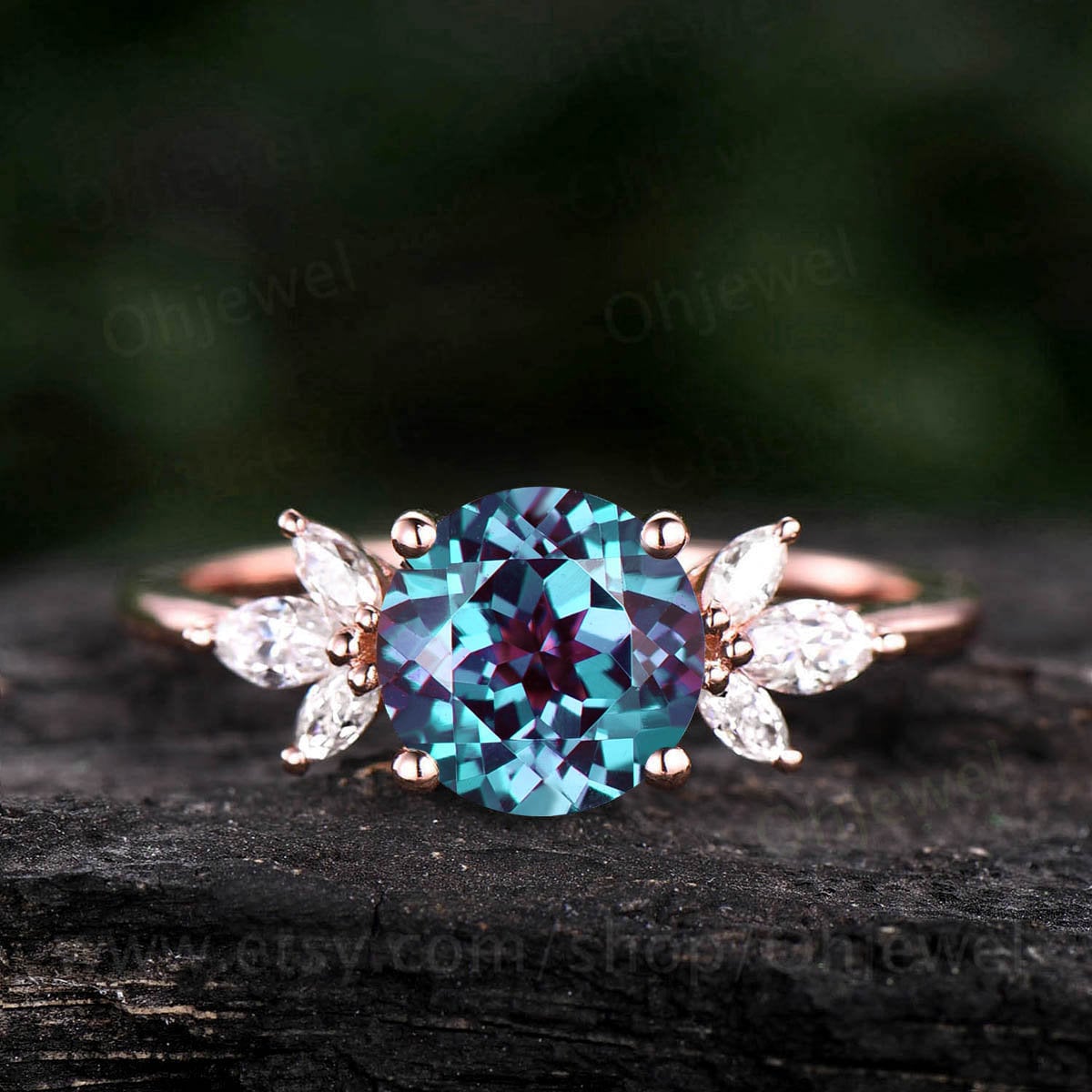 Round Alexandrite ring gold silver vintage Alexandrite engagement ring rose gold flower art deco moissanite ring for women promise ring gift