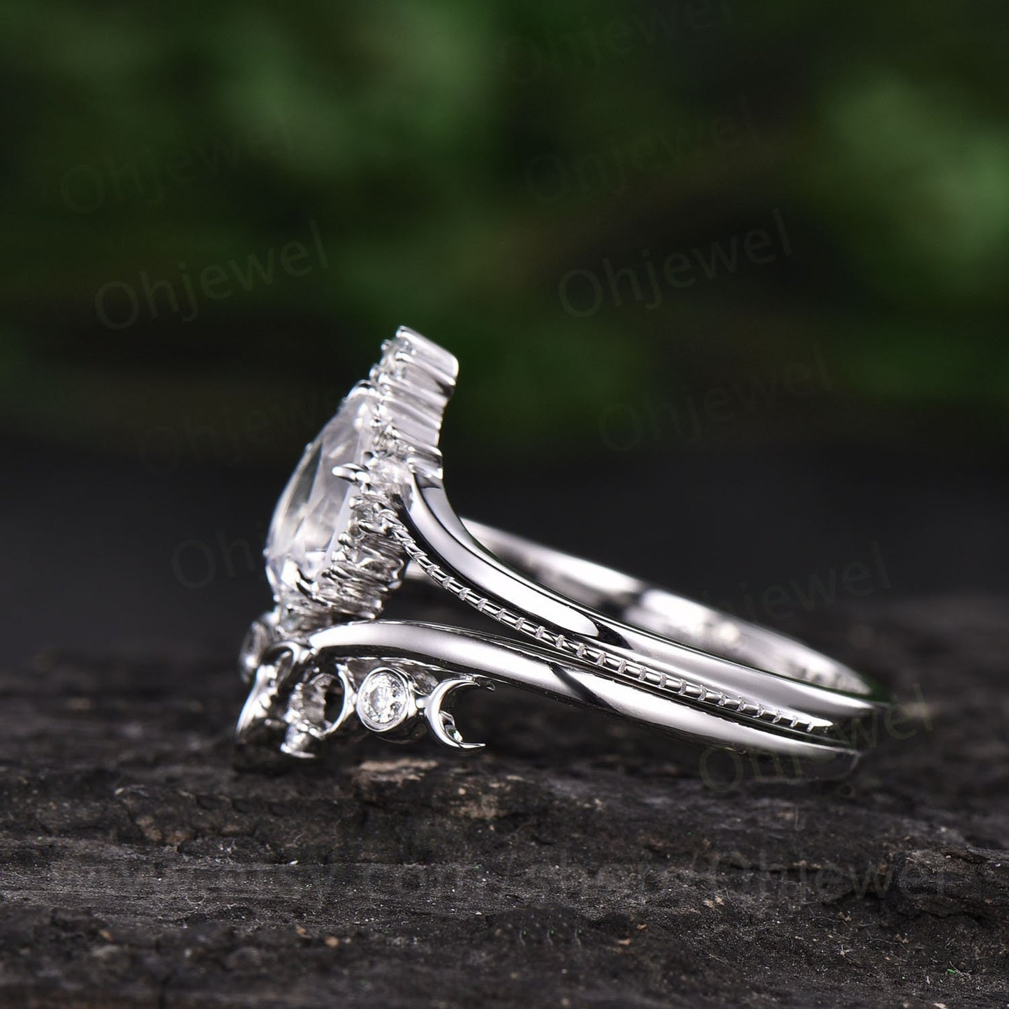 Pear shaped moonstone engagement ring set 14k white gold unique vintage engagement ring moissanite ring for women Norse Viking ring jewelry