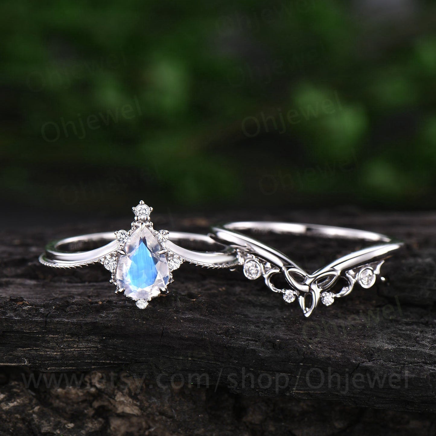 Pear moonstone engagement ring set white gold vintage moonstone ring sterling silver moissanite ring for women Milgrain Norse Viking ring
