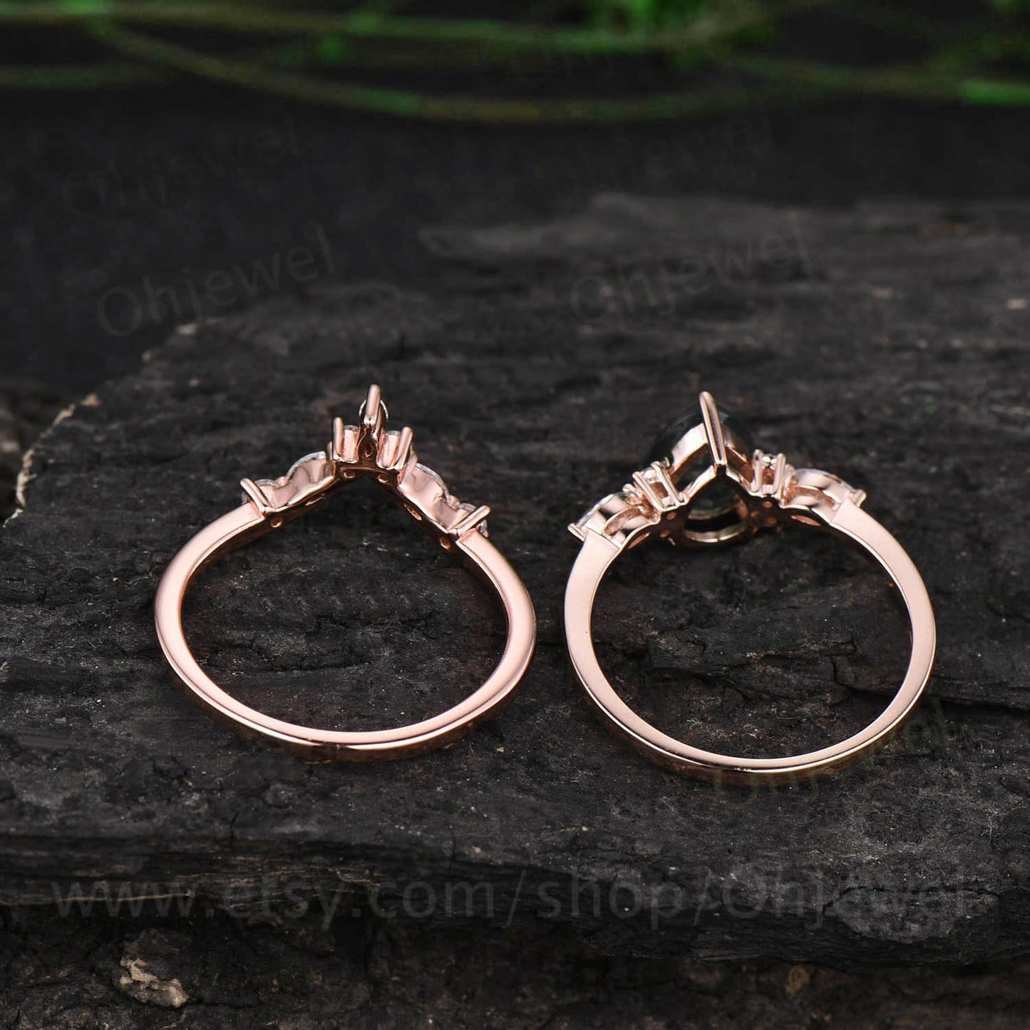 Unique pear shaped Labradorite engagement ring set vintage art deco marquise moissanite wedding promise ring set rose gold sterling silver