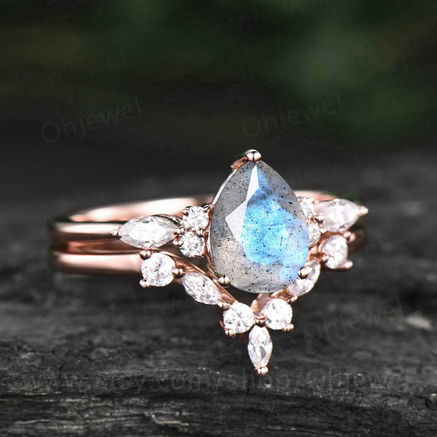 Unique pear shaped Labradorite engagement ring set vintage art deco marquise moissanite wedding promise ring set rose gold sterling silver