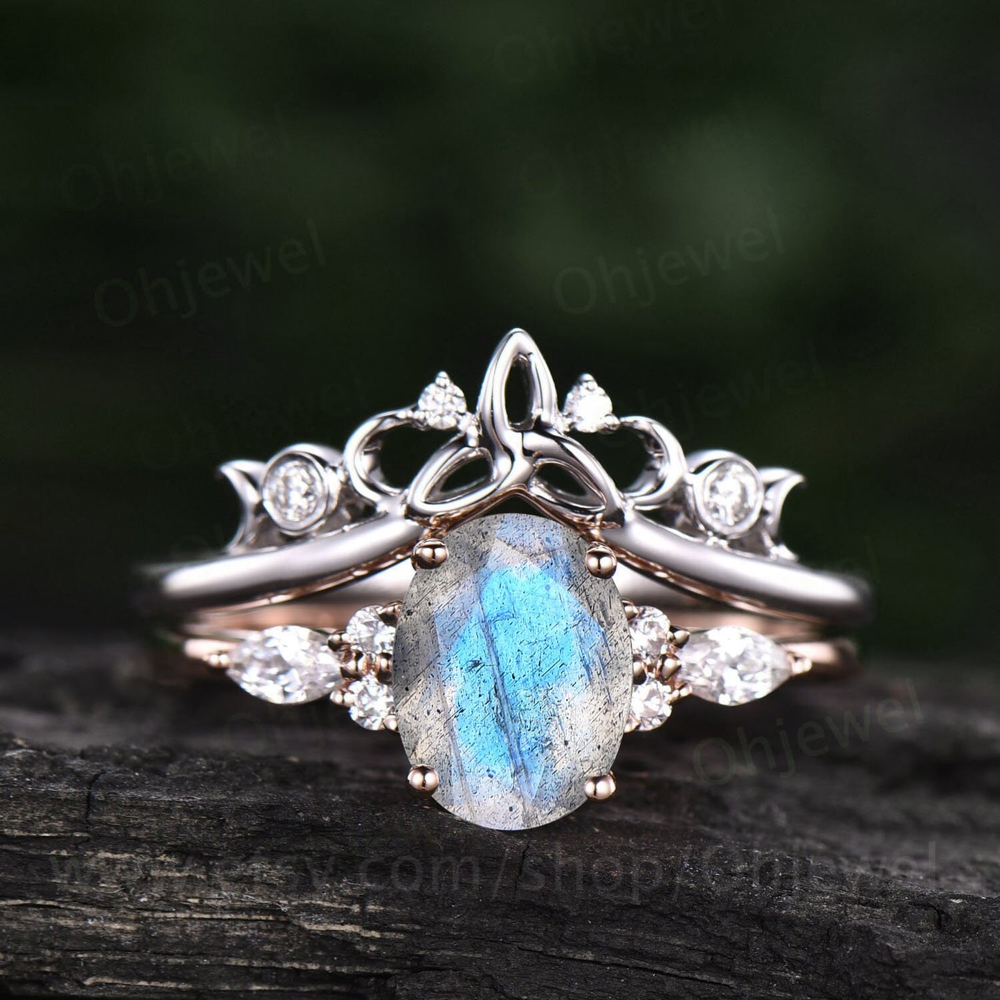 labradorite ring gold sterling silver oval Labradorite engagement ring set art deco vintage marquise moissanite bridal promise ring set gift
