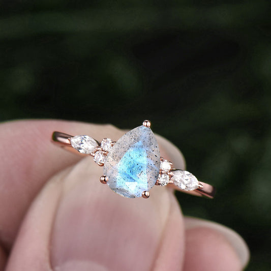 Unique pear shaped labradorite engagement ring art deco 7 stone marquise moissanite ring for women rose gold sterling silver handmade ring