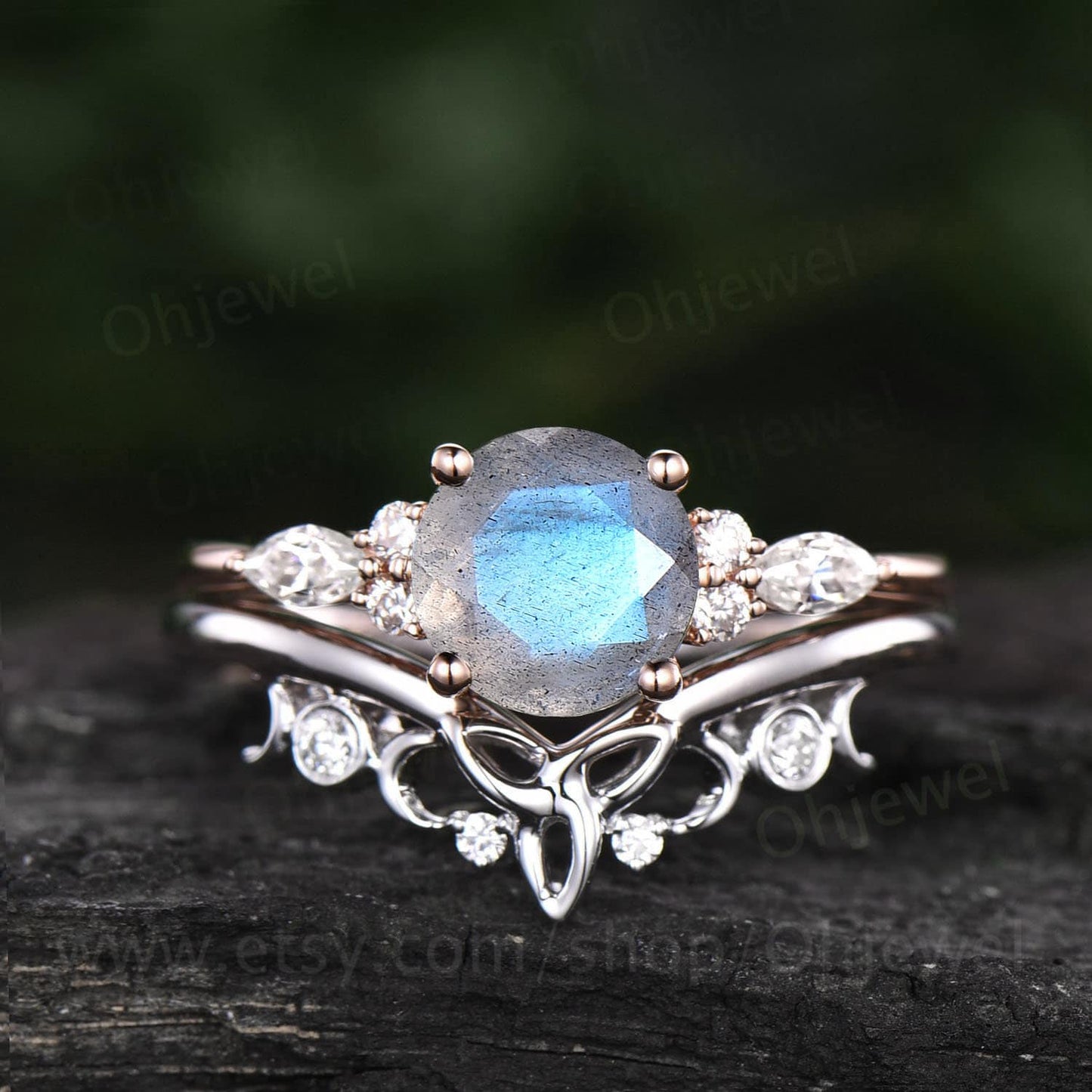 Round labradorite engagement ring set art deco vintage 7 stone moissanite ring for women unique wedding ring set rose gold sterling silver