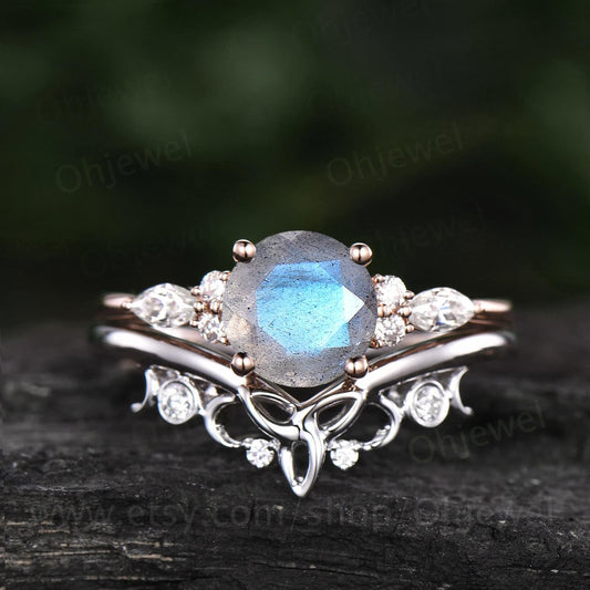 Round labradorite engagement ring set art deco vintage 7 stone moissanite ring for women unique wedding ring set rose gold sterling silver
