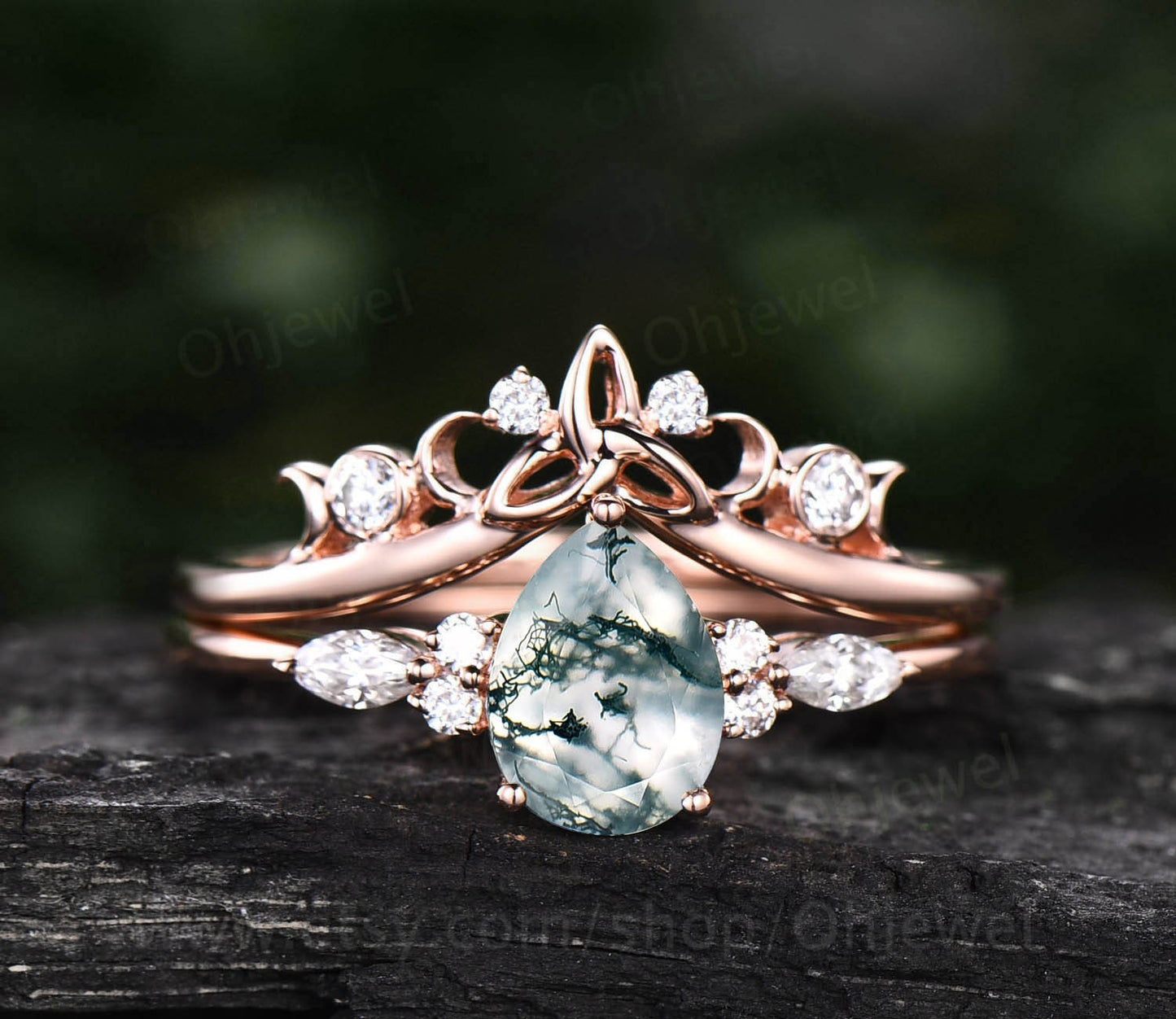Pear shaped moss agate engagement ring set white gold vintage style marquise moissanite engagement ring for women norse viking ring Jewelry