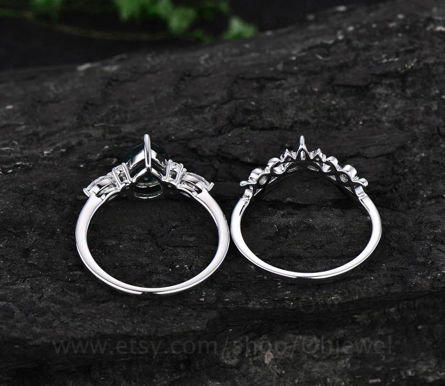 Pear shaped moss agate engagement ring set white gold vintage style marquise moissanite engagement ring for women norse viking ring Jewelry