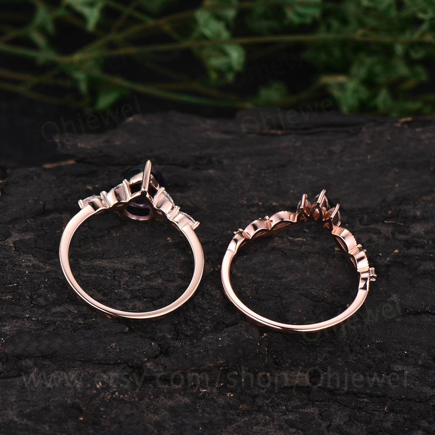 Pear moss agate ring set for women moss agate engagement ring set art deco crown Milgrain ring marquise moissanite ring rose gold silver