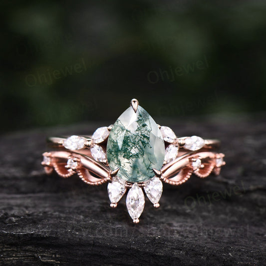 Vintage pear shaped moss agate engagement ring set rose gold art deco crown milgrain marquise cut moissanite ring for women wedding ring set