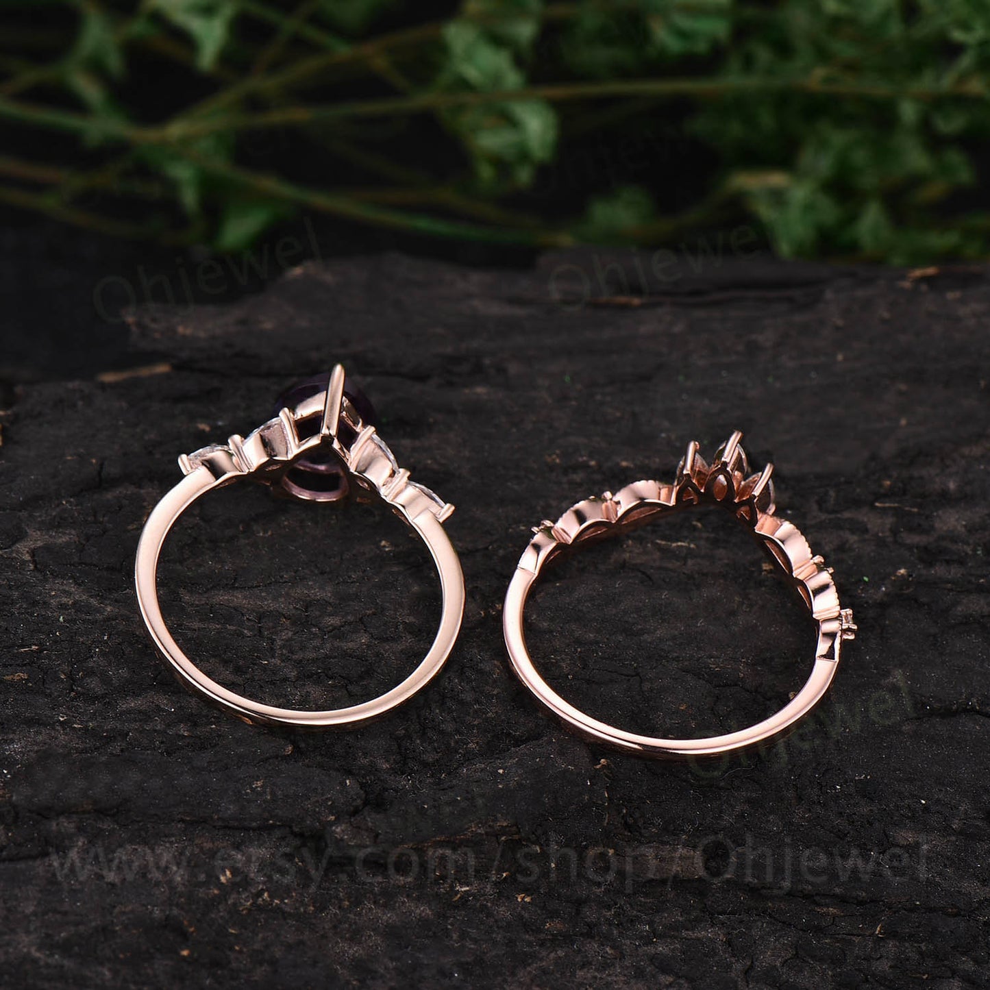 Pear black rutilated quartz engagement ring set rose gold silver ring art deco crown Milgrain dainty ring jewelry unique wedding ring set
