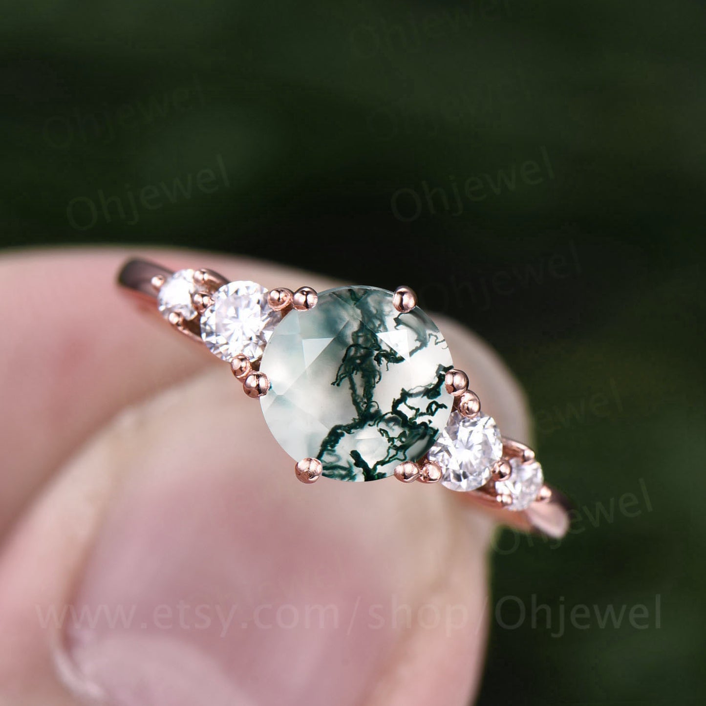 Round moss agate ring for women unique vintage moss agate engagement ring five stone rose gold moissanite ring custom ring dainty promise