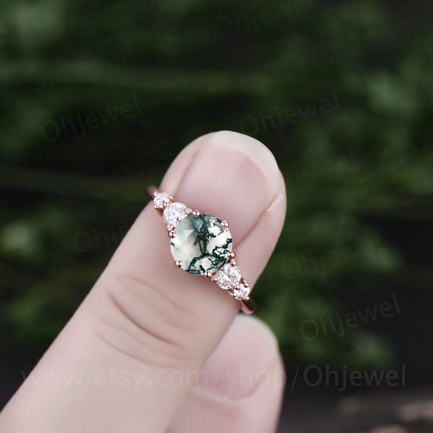 Round moss agate ring for women unique vintage moss agate engagement ring five stone rose gold moissanite ring custom ring dainty promise