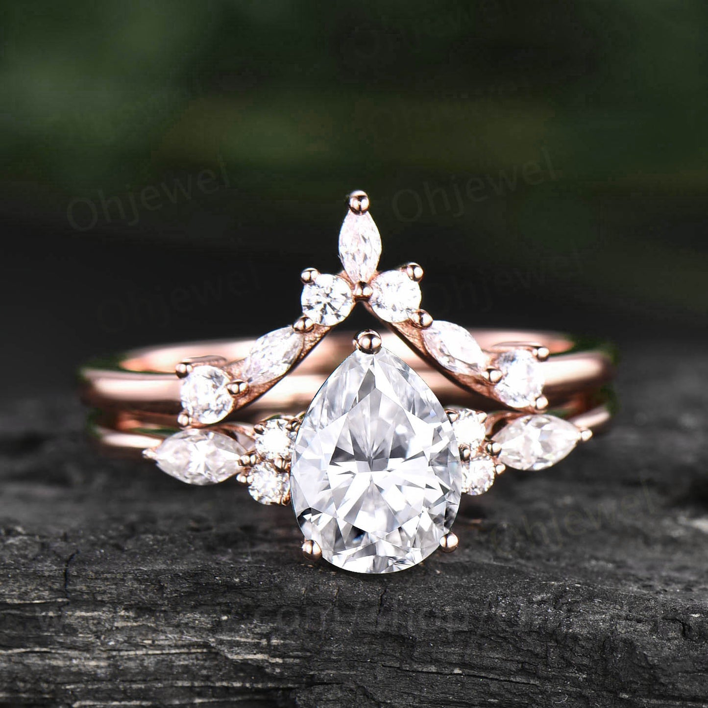 Pear shaped moissanite engagement ring set art deco vintage marquise moissanite ring set 7 stone rose gold silver unique wedding ring set