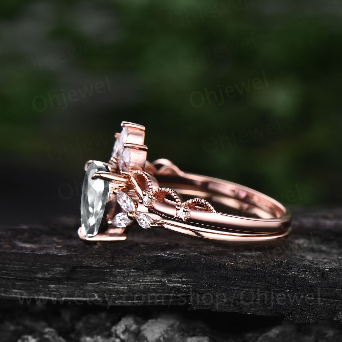 Pear moissanite ring set for women vintage moissanite engagement ring set art deco crown Milgrain ring marquise ring set rose gold silver
