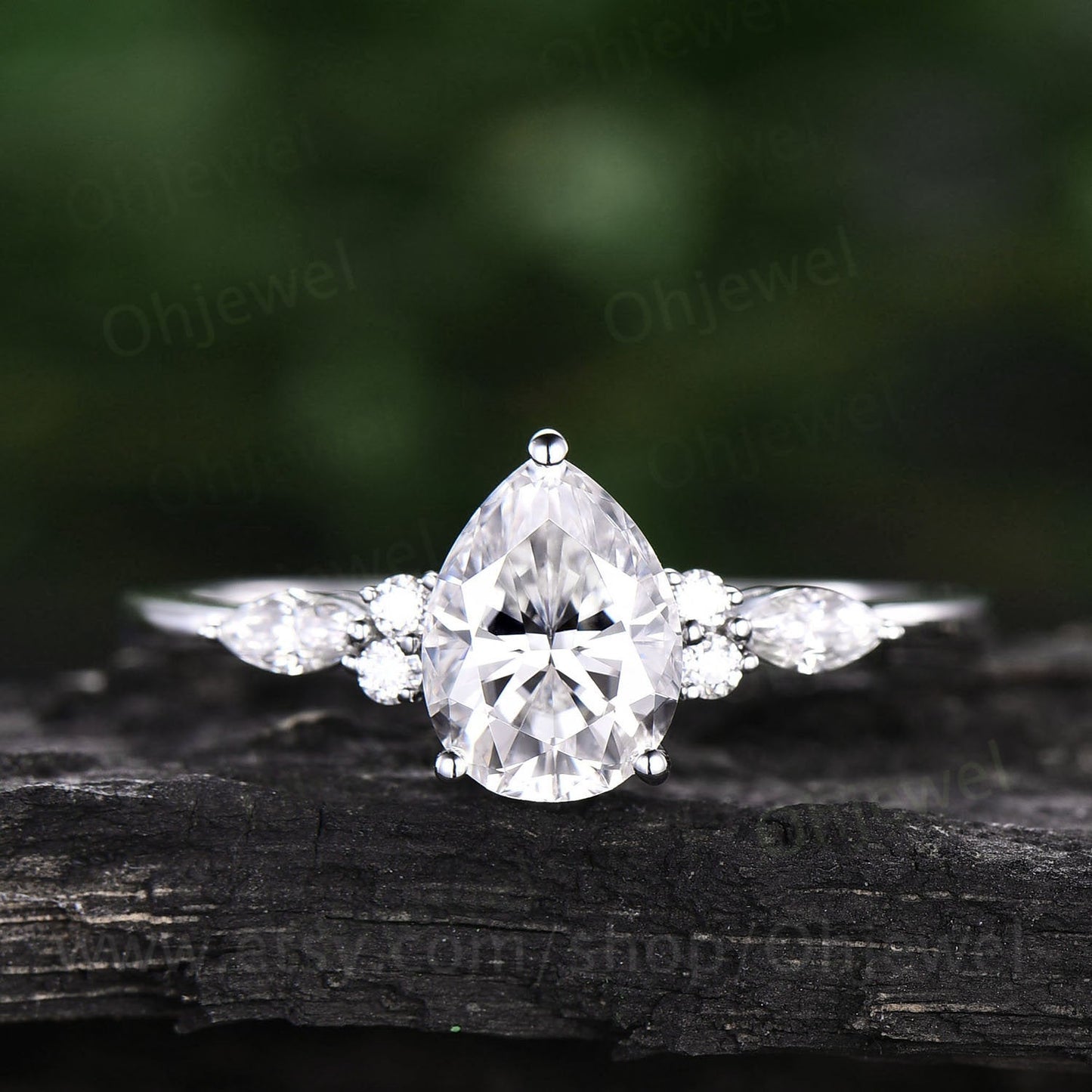 Pear shaped moissanite engagement ring set art deco vintage marquise moissanite ring set 7 stone rose gold silver unique wedding ring set