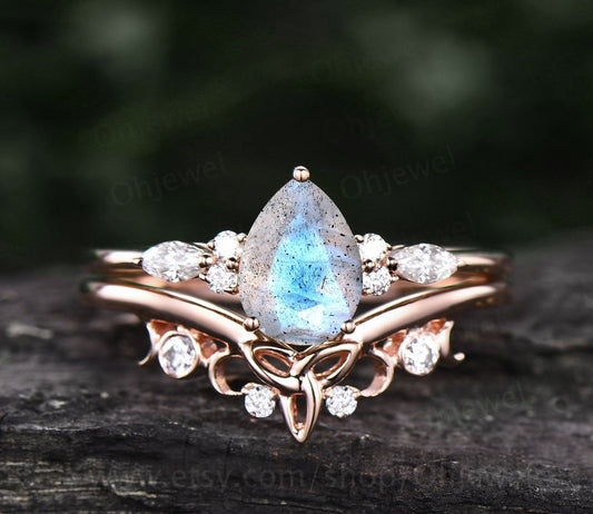 Unique pear shaped Labradorite engagement ring set for women art deco moissanite ring rose gold sterling silver norse viking ring jewelry