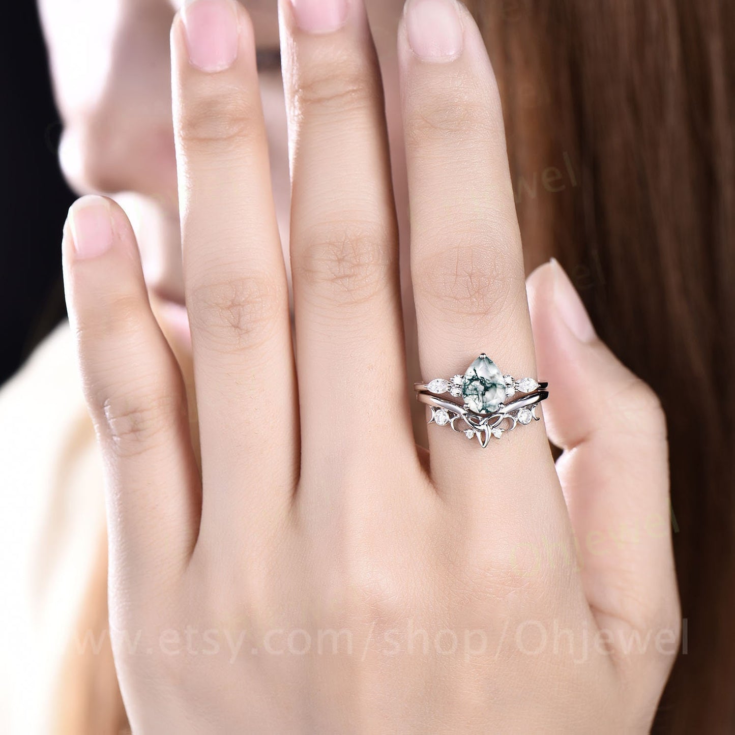 Pear shaped moss agate engagement ring set white gold vintage style marquise moissanite engagement ring for women norse viking ring Jewelry