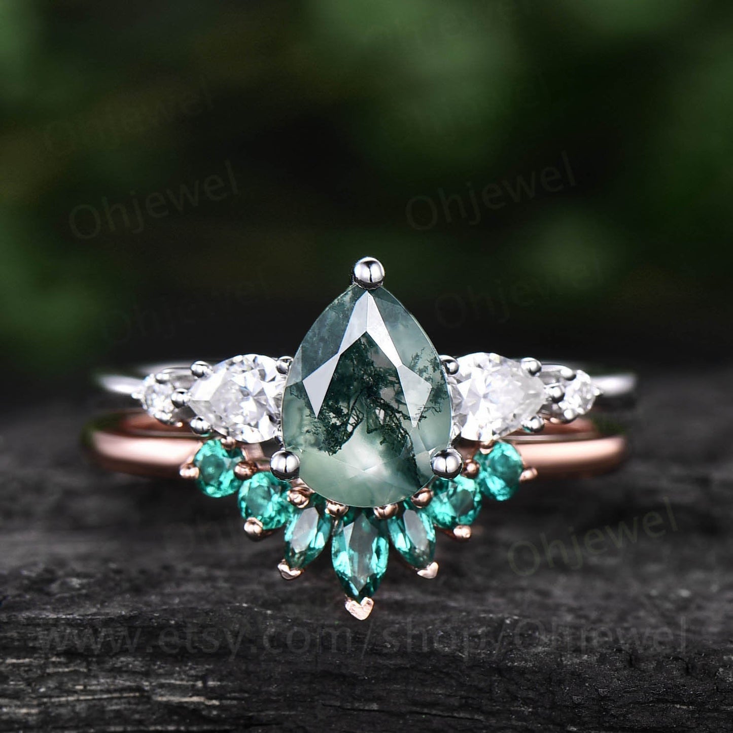 Vintage moss agate ring gold silver for women pear moss agate engagement ring set unique moissanite wedding set art deco emerald ring band