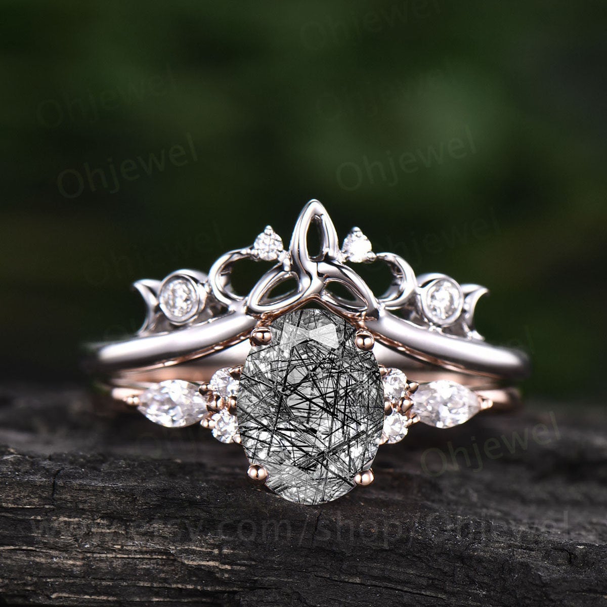 Vintage oval black rutilated quartz engagement ring set moissanite rose gold silver bridal ring women marquise Norse Viking ring jewelry
