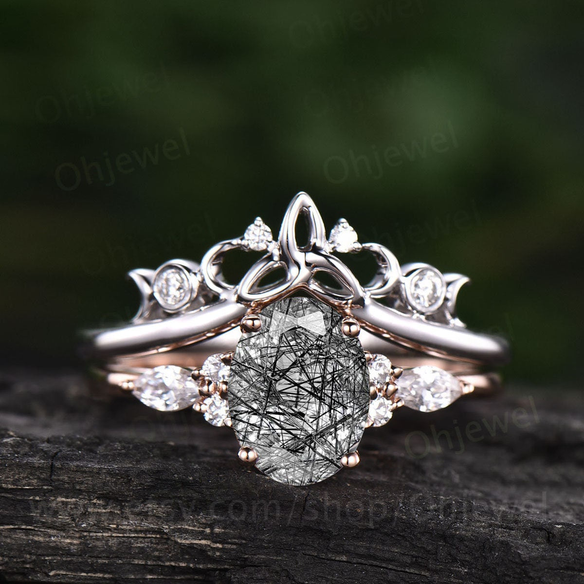 Unique vintage oval black rutilated quartz engagement ring set 7 stone moissanite ring for women rose gold silver norse viking ring Jewelry