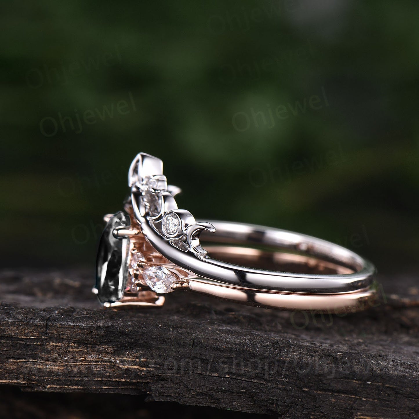 Unique vintage oval black rutilated quartz engagement ring set 7 stone moissanite ring for women rose gold silver norse viking ring Jewelry