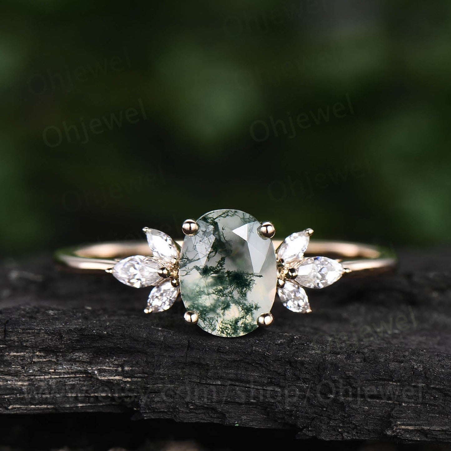 Oval cut moss agate engagement ring vintage rose gold green moss ring organic stone 7 stone ring marquise moissanite ring dainty jewelry