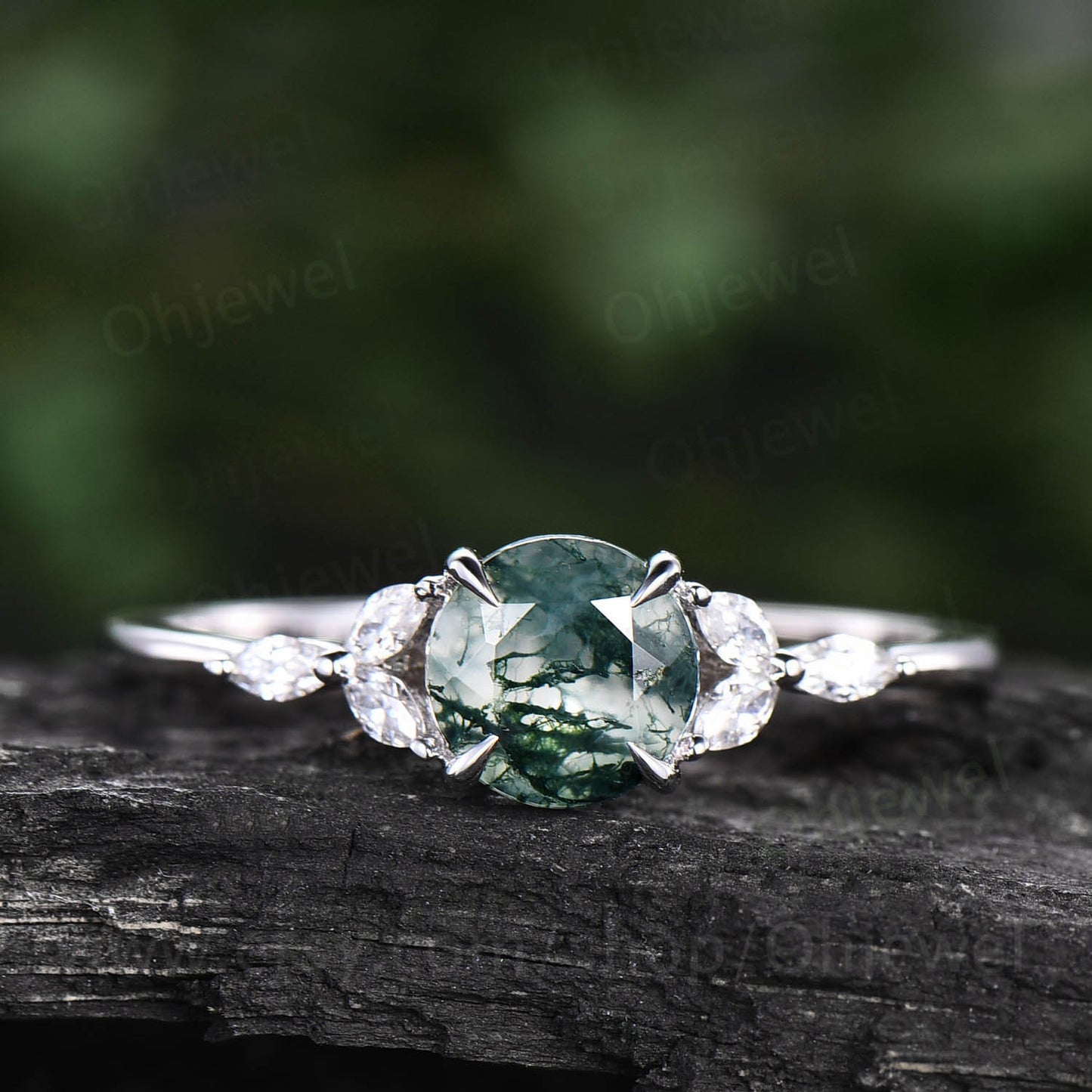 Vintage moss agate ring silver for women round moss agate engagement ring white gold flower art deco dainty moissanite bridal wedding ring