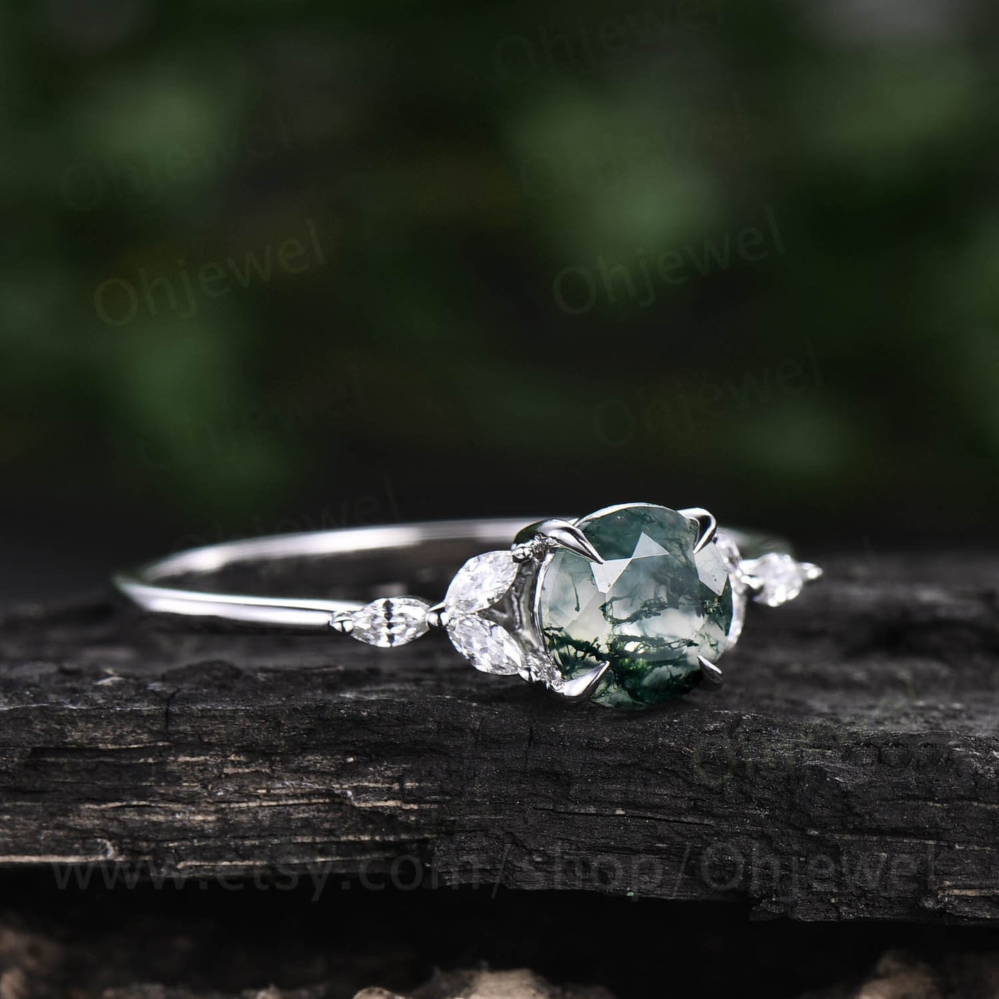 Vintage moss agate ring silver for women round moss agate engagement ring white gold flower art deco dainty moissanite bridal wedding ring