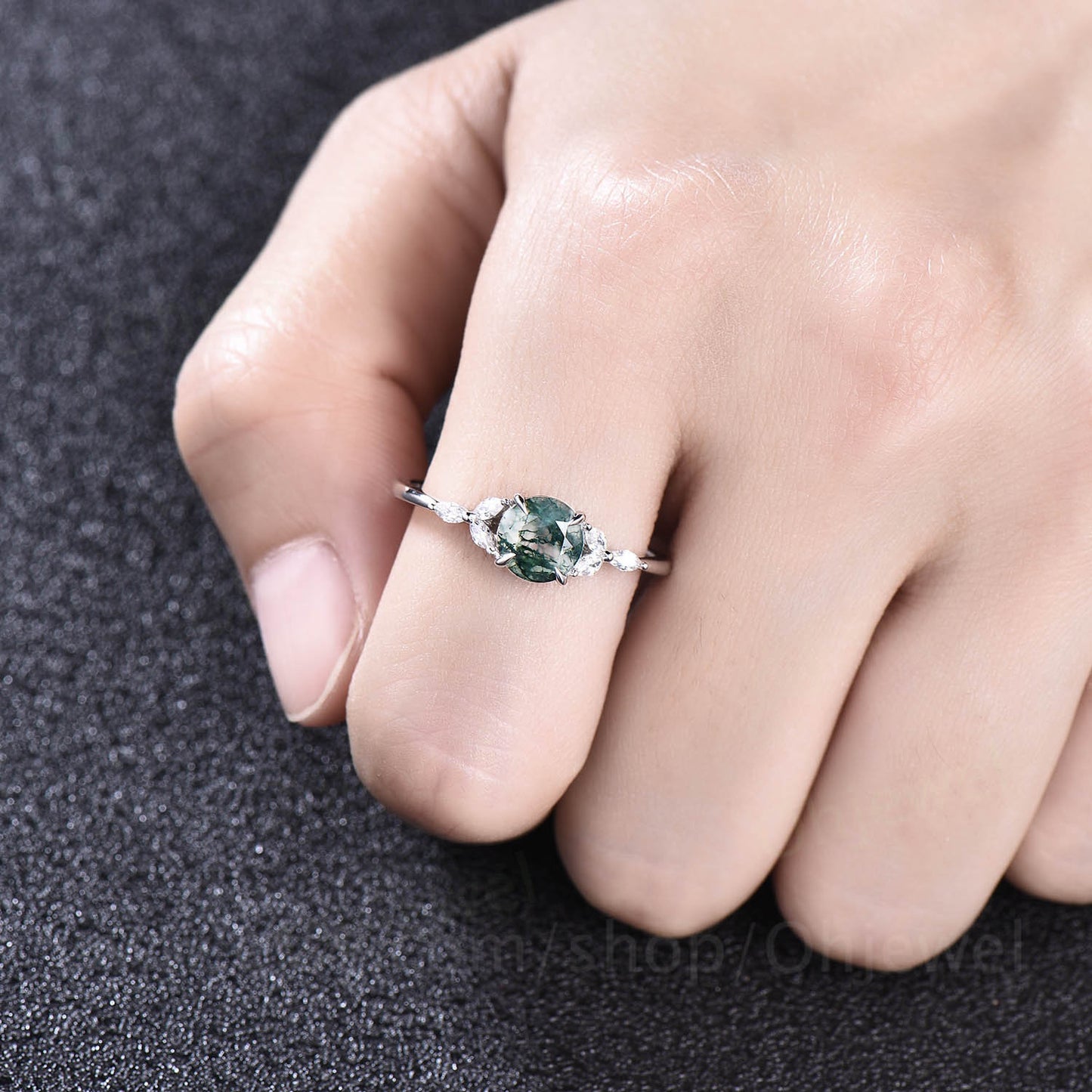 Vintage moss agate ring silver for women round moss agate engagement ring white gold flower art deco dainty moissanite bridal wedding ring