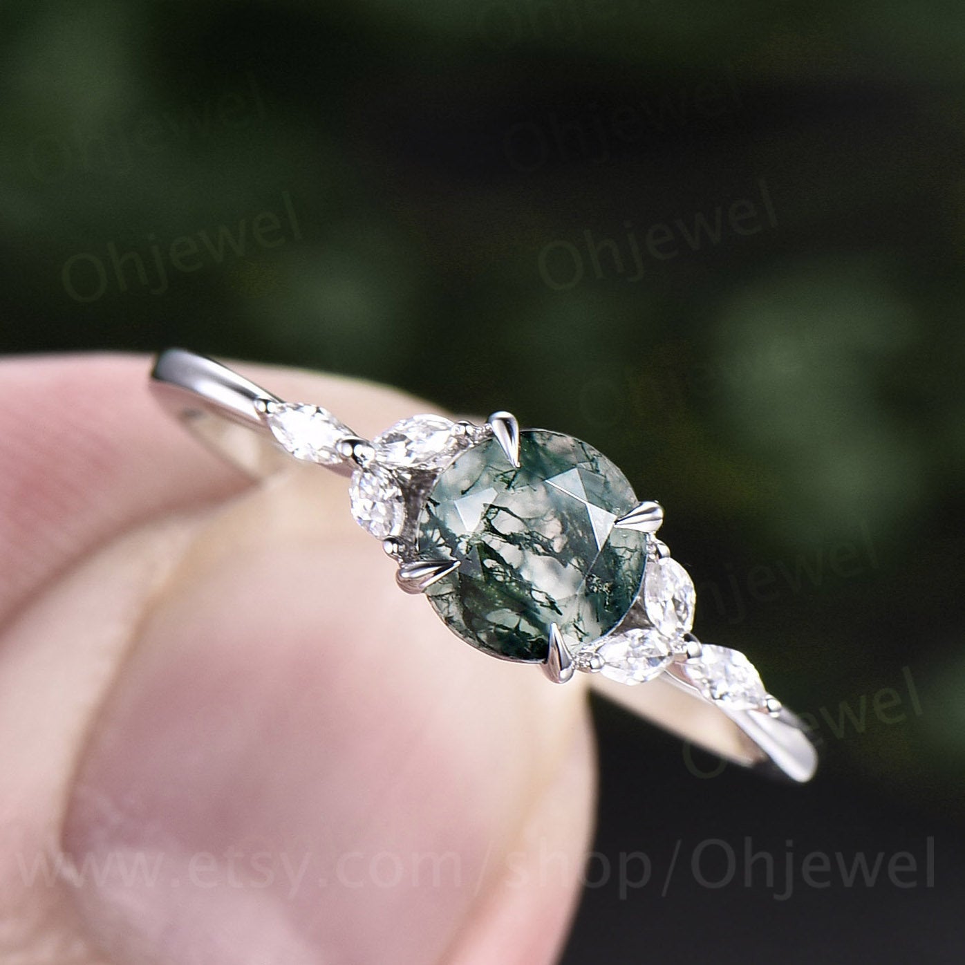 Vintage moss agate ring silver for women round moss agate engagement ring white gold flower art deco dainty moissanite bridal wedding ring