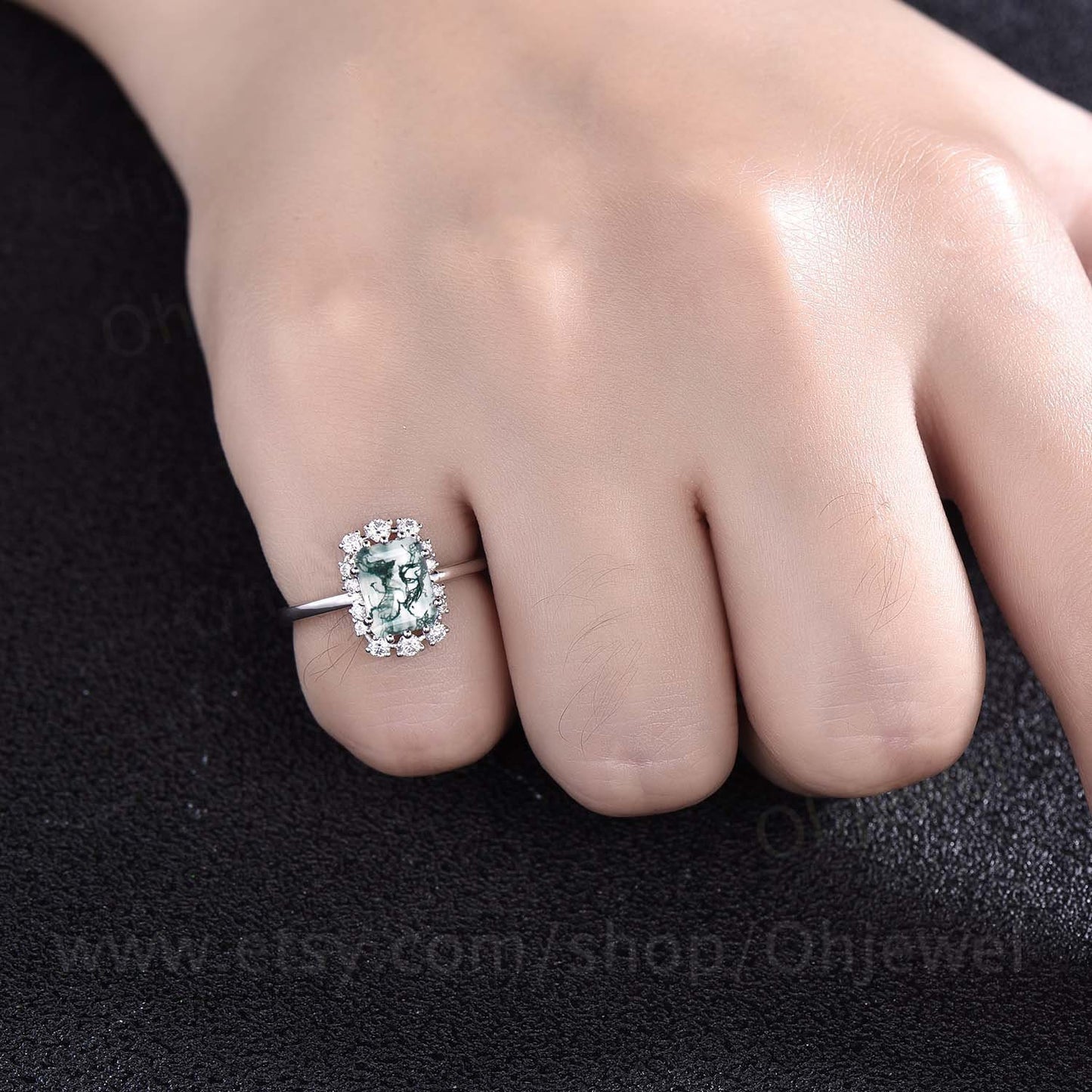 Unique moss agate ring emerald cut moss agate engagement ring for women vintage cluster halo moissanite ring gold silver dainty jewelry gift