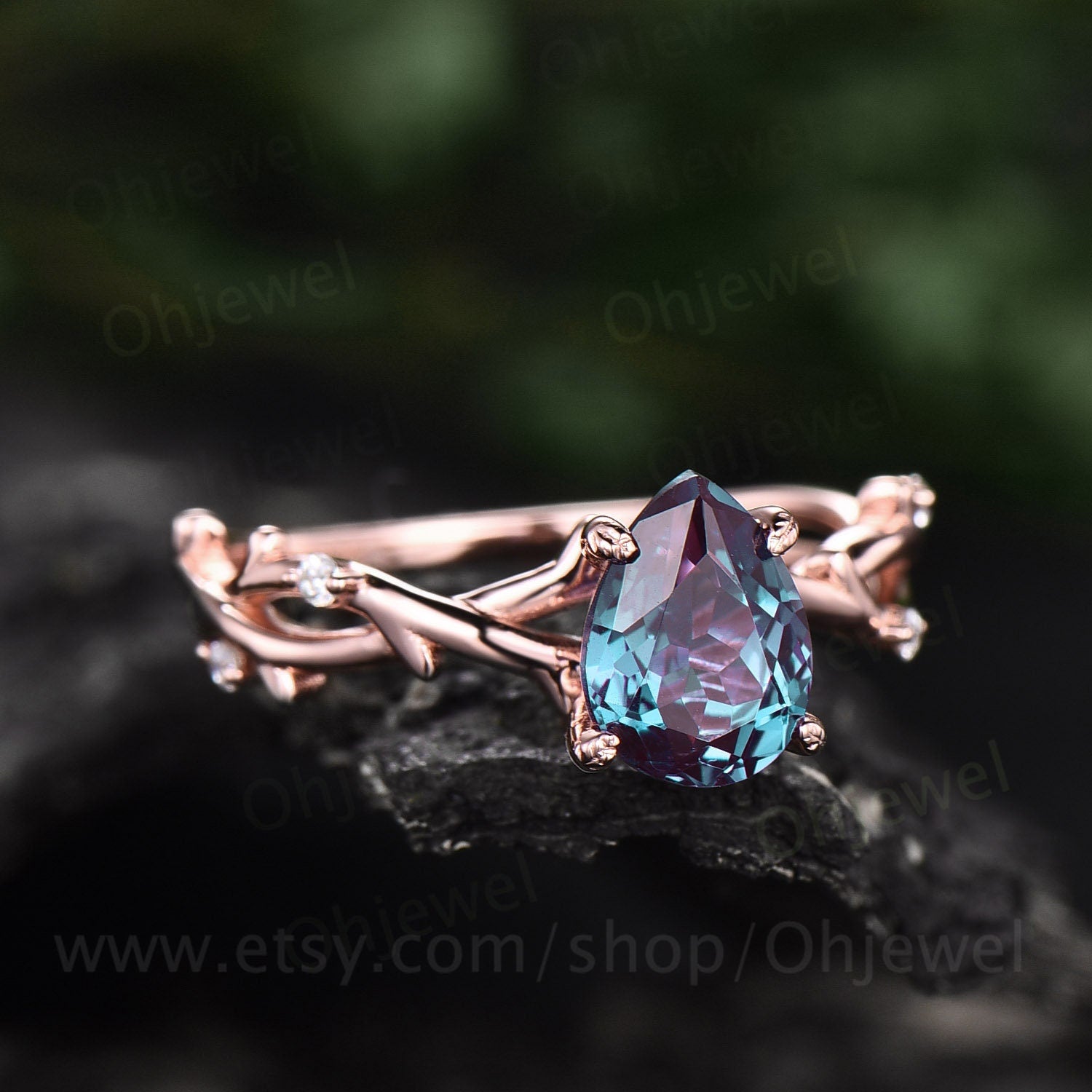 Vintage pear shaped alexandrite engagement ring leaf art deco 14k rose gold five stone diamond ring for women promise bridal ring jewelry