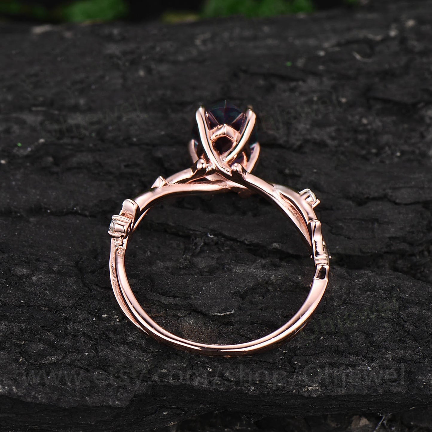Vintage pear shaped alexandrite engagement ring leaf art deco 14k rose gold five stone diamond ring for women promise bridal ring jewelry