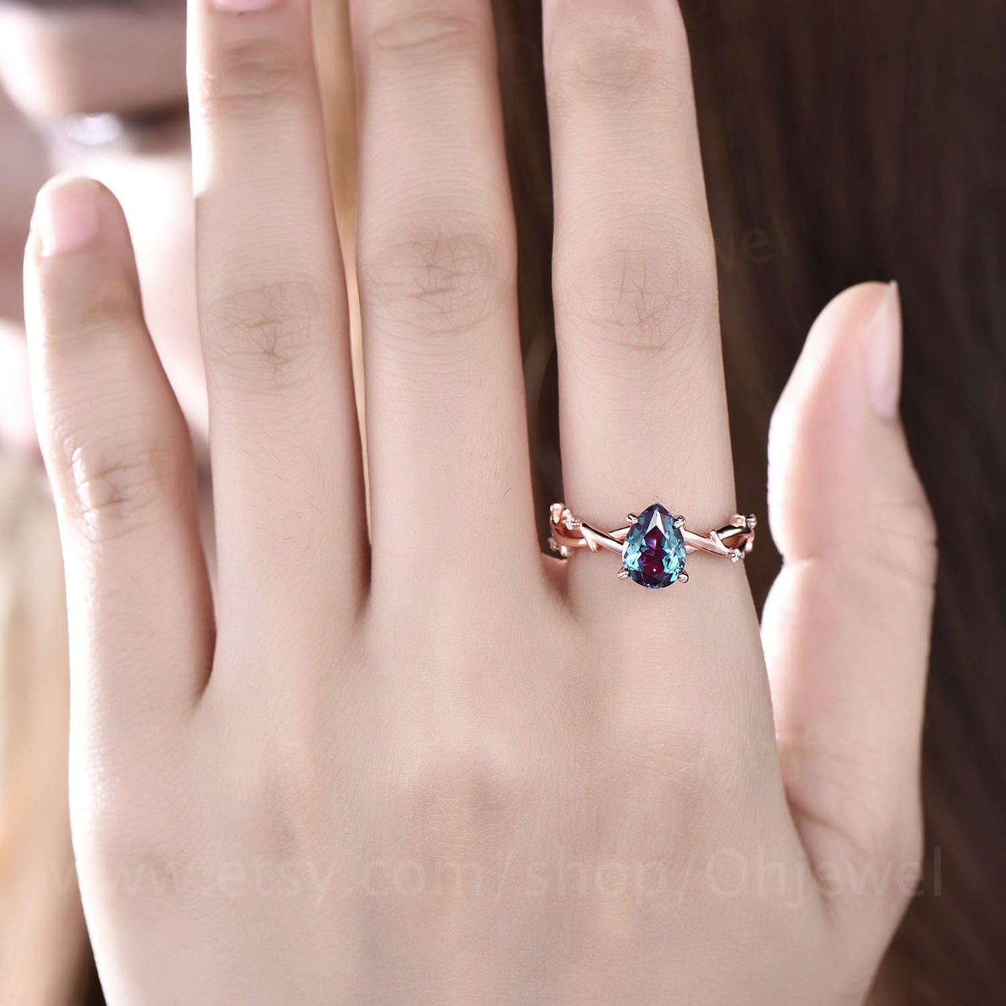 Vintage pear shaped alexandrite engagement ring leaf art deco 14k rose gold five stone diamond ring for women promise bridal ring jewelry