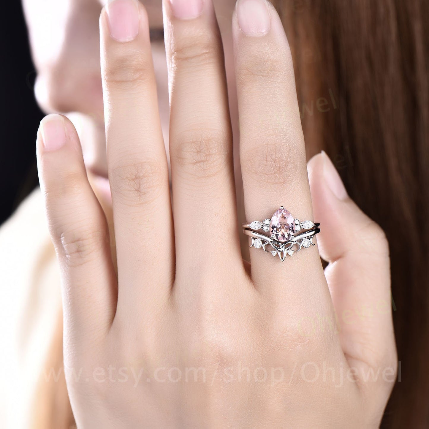 Unique vintage pear shaped morganite engagement ring set rose gold art deco marquise moissanite ring Pink morganite ring wedding ring set
