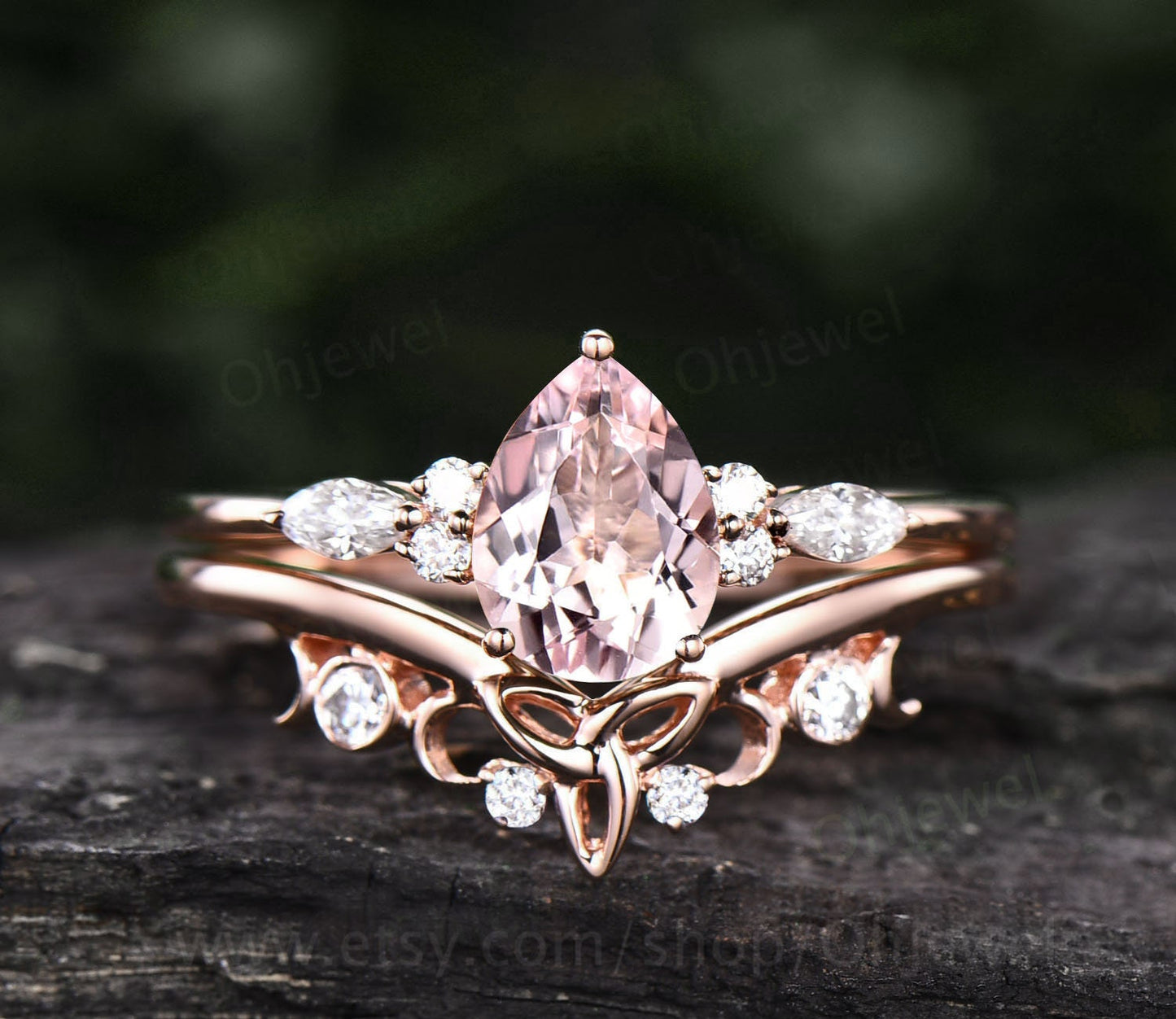 Unique vintage pear shaped morganite engagement ring set rose gold art deco marquise moissanite ring Pink morganite ring wedding ring set