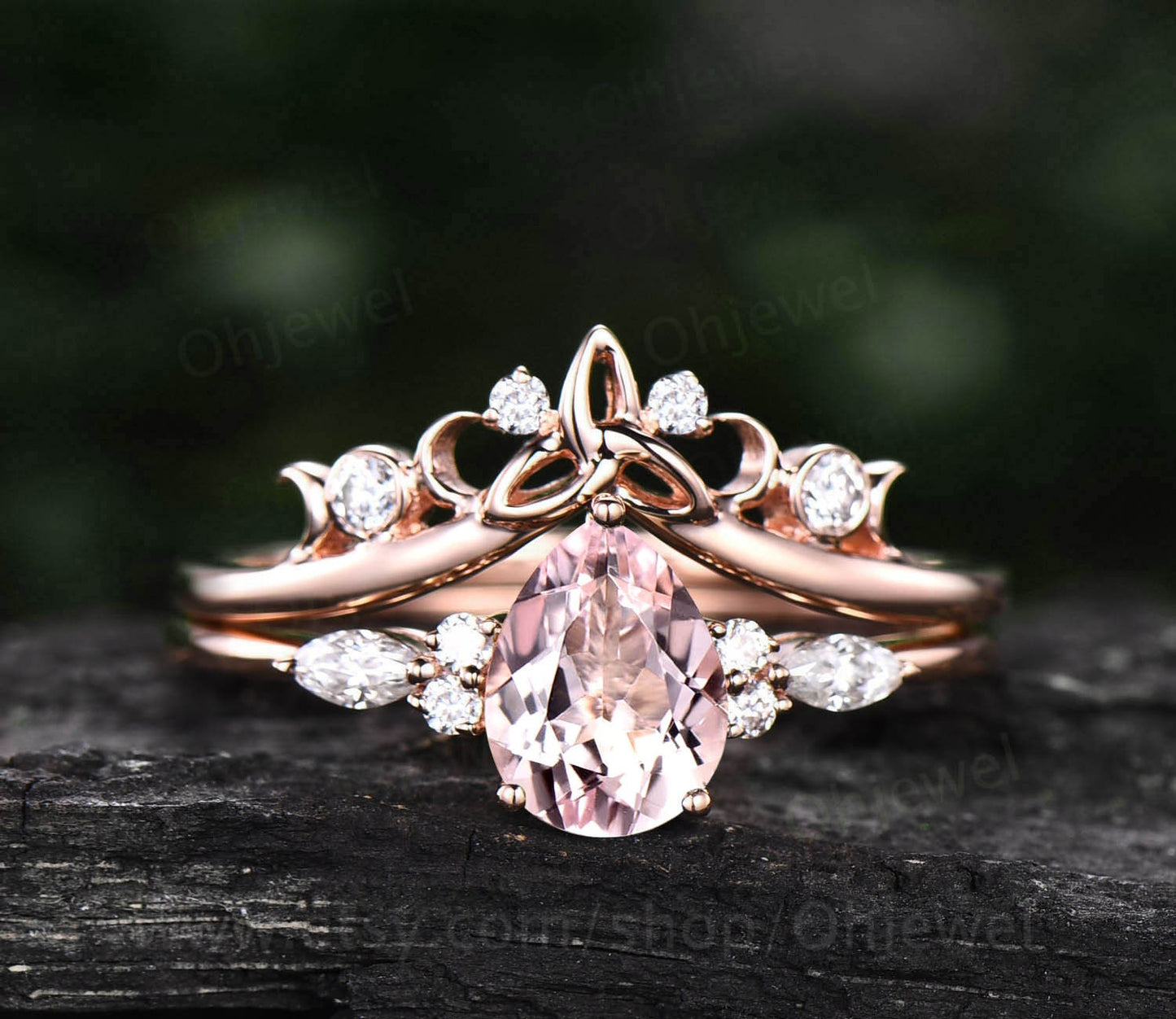 Unique vintage pear shaped morganite engagement ring set rose gold art deco marquise moissanite ring Pink morganite ring wedding ring set