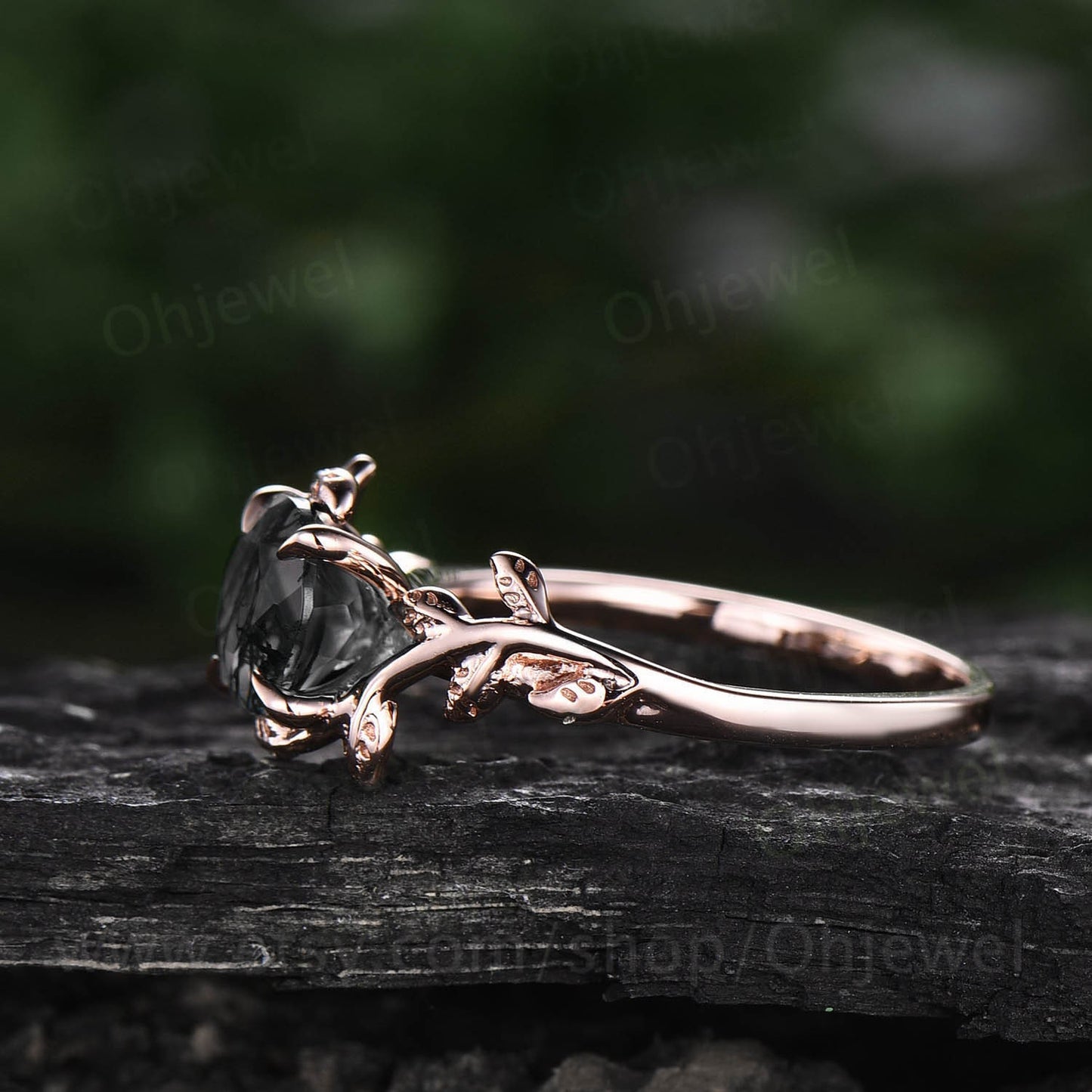 Vintage black rutilated quartz engagement ring leaf flower art deco rose gold silver round cut solitaire ring for women anniversary gifts