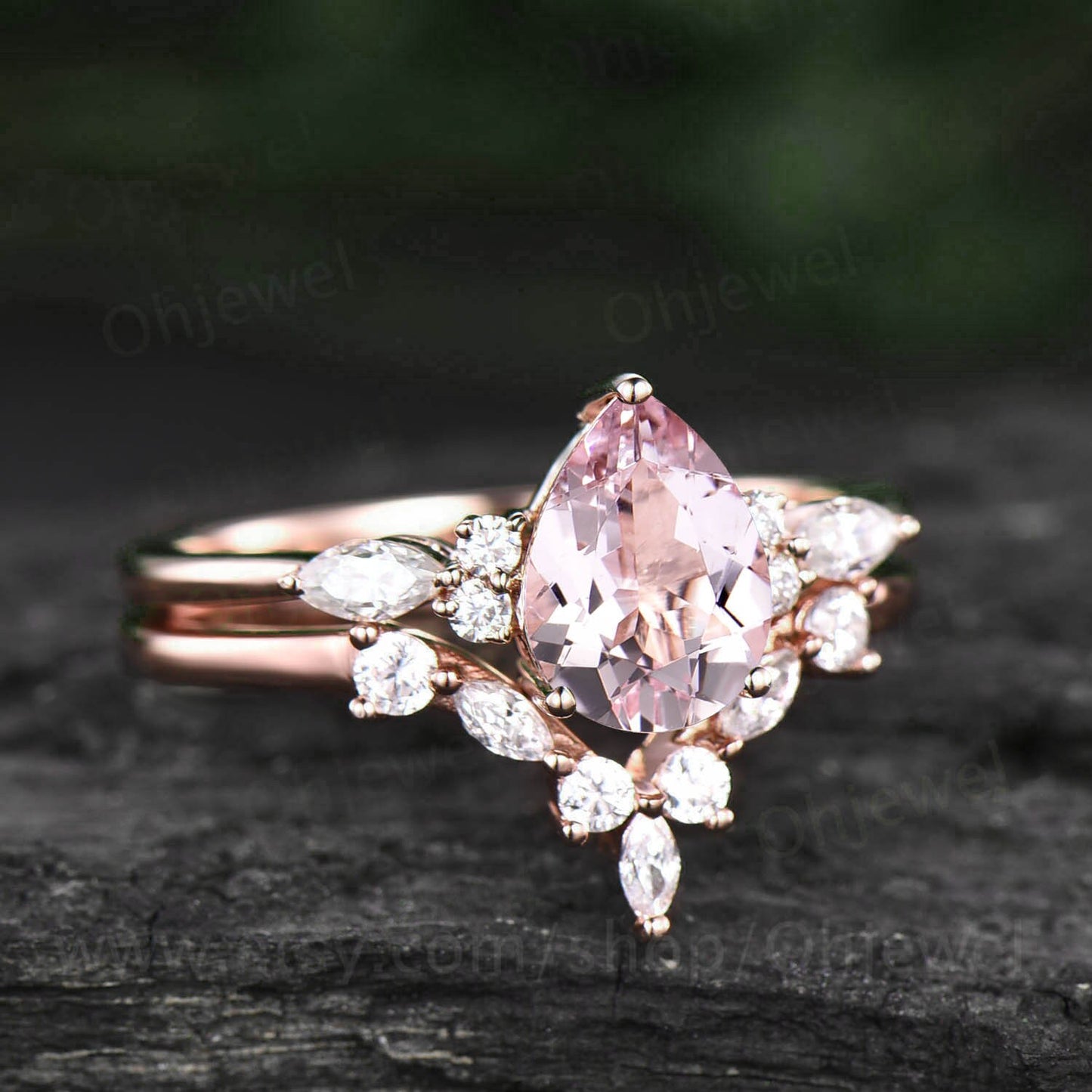 Unique pear shaped morganite engagement ring set rose gold art deco marquise moissanite ring Pink morganite ring for women bridal ring set
