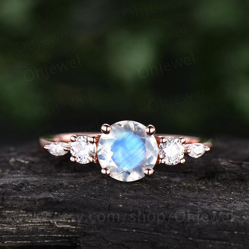 Vintage moonstone ring gold silver for women round cut moonstone engagement ring five stone rose gold art deco moissanite promise ring gift