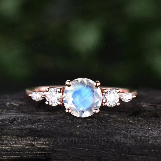Vintage moonstone ring gold silver for women round cut moonstone engagement ring five stone rose gold art deco moissanite promise ring gift