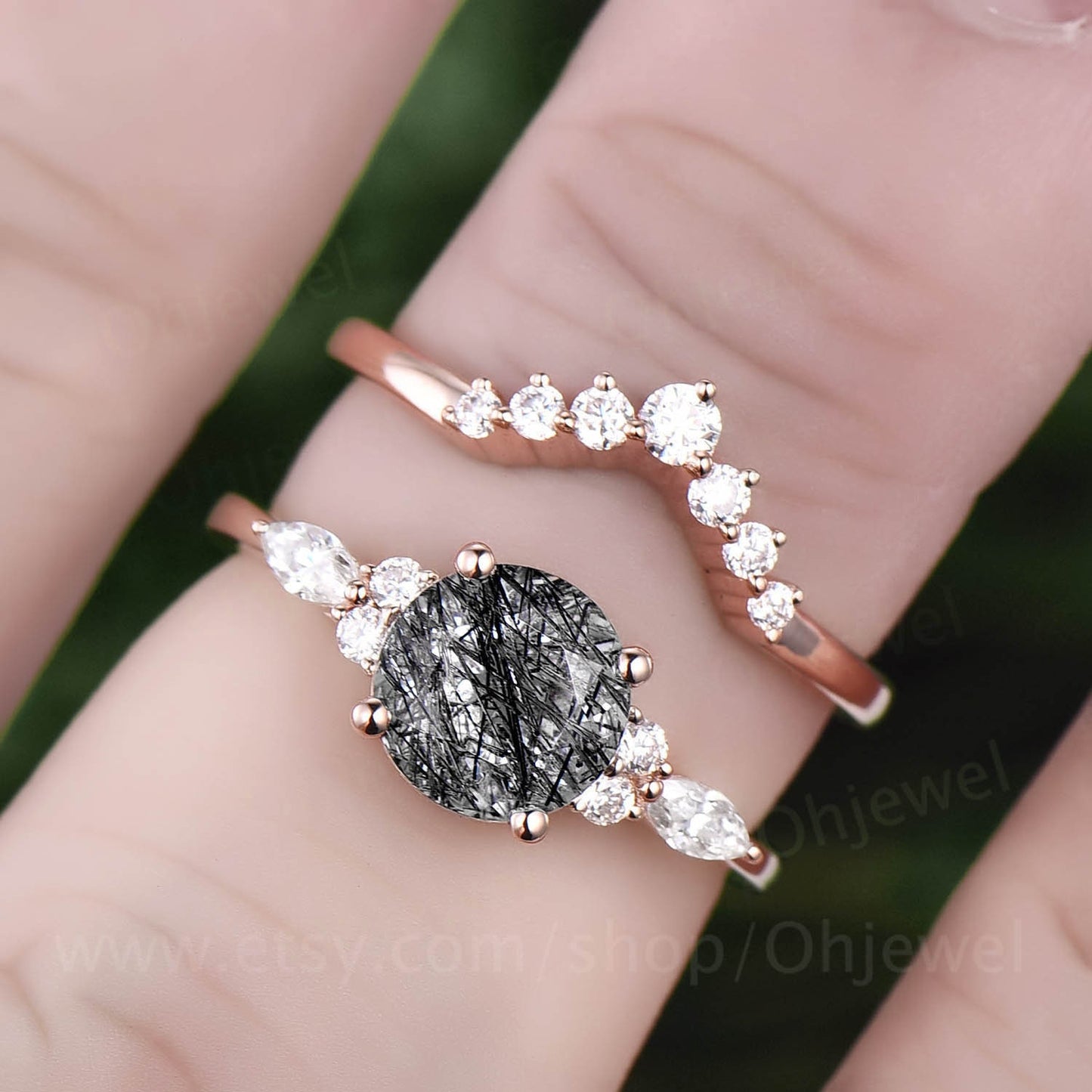 Vintage black rutilated quartz engagement ring set rose gold art deco moissanite ring for women unique wedding bridal anniversary ring set