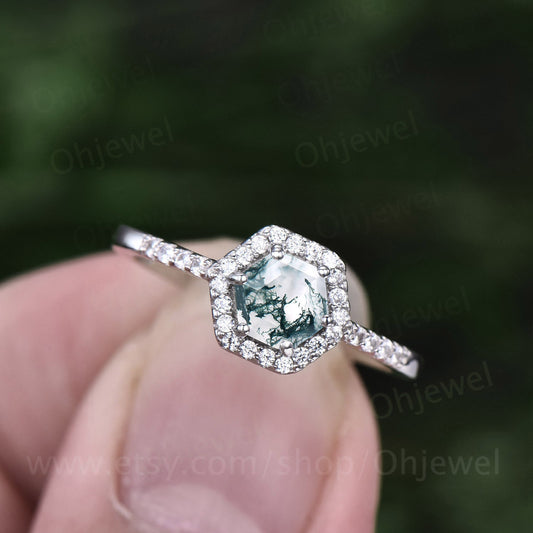 Unique Hexagon moss agate engagement ring white gold halo moissanite ring vintage moss agate ring for women Minimalist wedding ring gifts