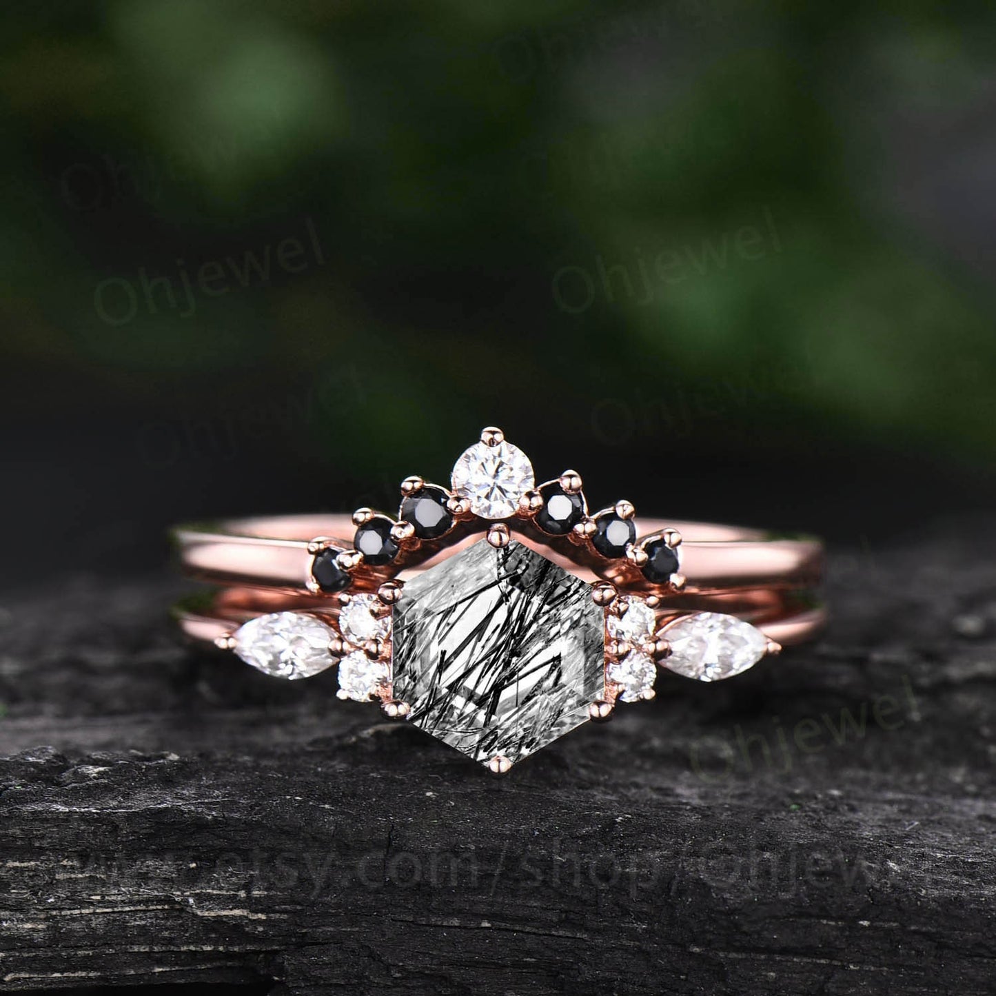 Unique Hexagon black rutilated quartz engagement ring set rose gold silver art deco marquise moissanite ring black diamond ring for women