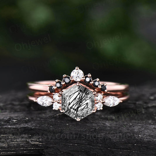 Unique Hexagon black rutilated quartz engagement ring set rose gold silver art deco marquise moissanite ring black diamond ring for women
